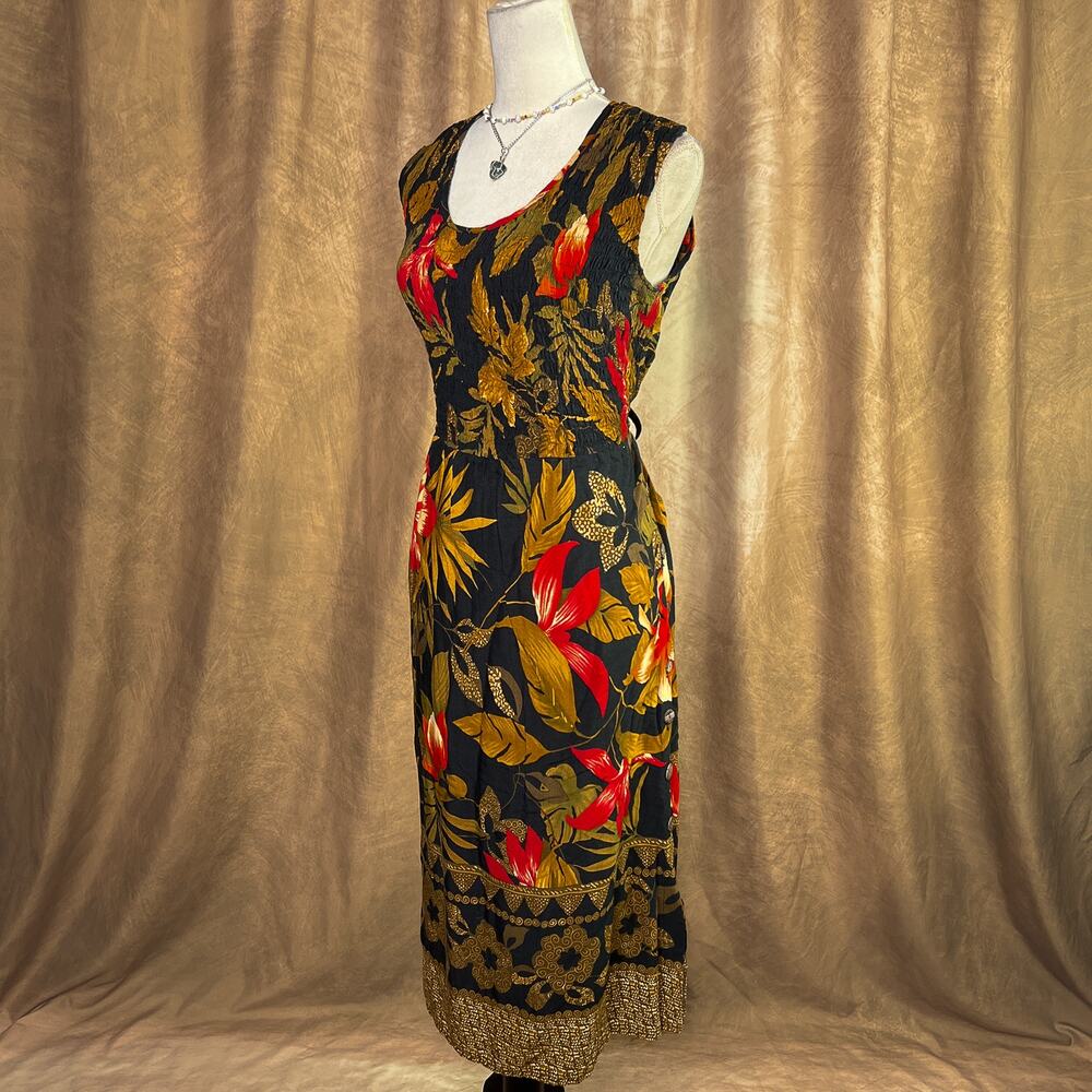 Vintage Floral Dress 90s Midi Sleeveless Smocked Waist Tropical Leaf Vacation